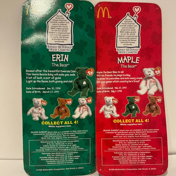 Maple & Erin The Bear -1999 McDonald's Ty Beanie Babies With Rare Errors 1993 - Picture 3 of 6